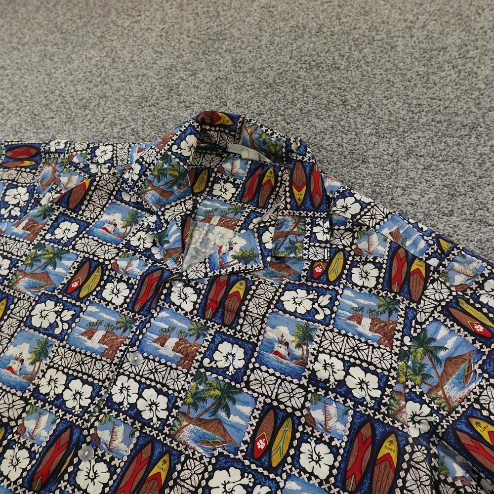 Hilo Hattie Shirt Mens XL Blue Hawaiian Surfboard Scenic Aloha Camp Button Up